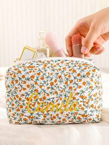 1pc Personalized Embroidered Cosmetic Bag, Customized Makeup Bag, Floral Makeup Bag, Travel Cosmetic Pouch, Ladies Toiletry Bag, Bridesmaid Gift, Holiday Gift - Multicolor - View 5
