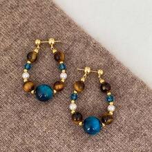 Silver Needle Pearl Tiger Eye Stone Crystal Beaded Water Drop Pendant Earrings Vintage Earrings Studs Niche Design Sense Ear Jewelry - #2 Kim Bạc - Vàng - Xanh - Xem 8