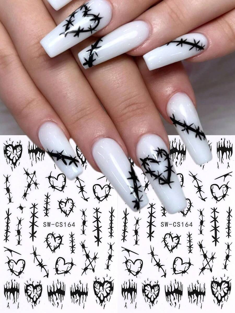 3D哥特式黑色爱心美甲贴纸 2片装 镂空爱心缝线涂鸦条纹美甲设计 DIY Y2K情人节自粘美甲沙龙贴纸 滑动式美甲装饰 美甲用品 指甲 - 黑色 - 查看 1