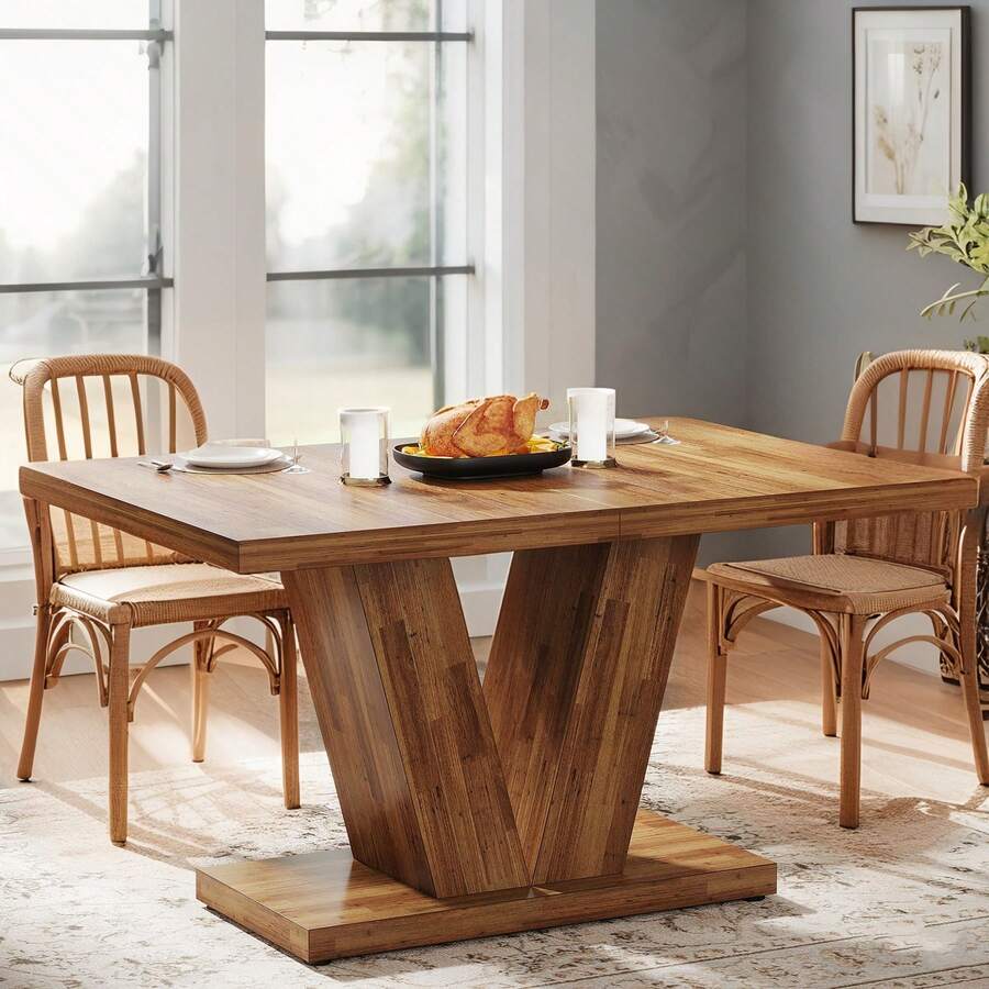 Tribesigns 47-Inch Wooden Dining Table With Heavy Duty Pedestal For 4, Farmhouse Kitchen Dinner Table Eating Table For Home, Dining Room, Small Space - 胡桃棕 - 查看 1