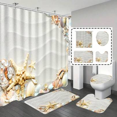 1pc/4pcs Ocean, Starfish And Beach Pattern Bathroom Curtains Shower Set, Bathroom Decor, Bath Mat, Bathroom Mat, Home Decoration, Gift, Ocean Theme Decor, Bathroom Set, Comes With 12 Hooks