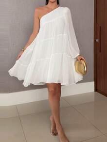 Đầm midi nữ kiểu dáng thường ngày, trễ vai, tay phồng, chất liệu chiffon bất đối xứng, thanh lịch cho mặc hàng ngày, hẹn hò, đi nghỉ mát, màu trắng mùa hè. - trắng - Xem 4