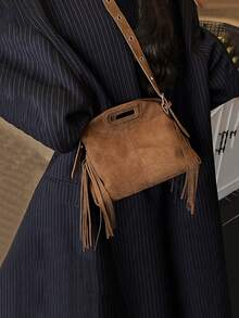 Túi xách tua rua nhỏ nhắn và thanh lịch, túi tote đa năng cá nhân hóa mới dành cho nữ, túi đeo vai/đeo chéo tiện dụng cho công sở. - màu nâu - Xem 5