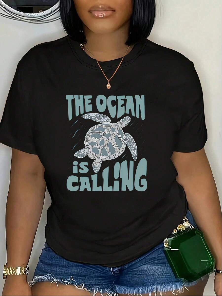 Tortuga estampada camiseta básica estilo casual verano playa diseño gráfico con tortuga marina 220g mujer para vacaciones al aire libre - Negro - Ver 1