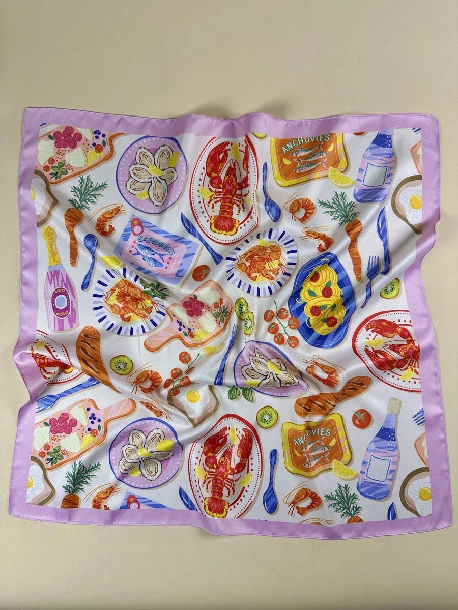 1pc Women's Elegant Satin Scarf With Lobster, Shrimp, Fruit, And Pasta Seafood Print, Neckerchief Hair Accessory - Multicolor - View 1