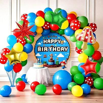 133 Sets Of Fun Game-Themed Party Balloon Arch Kits, 10/5-Inch Red, Yellow, Blue, And Green Balloons, Including Mushroom Foil Balloons, Suitable For Game-Themed Birthday Parties, Gender Reveal, Baptism, Carnivals And Single Party Decoration Items