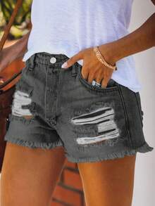European And American Spring/Summer New Design Personalized Street Ripped Straight Washed Frayed Hem Women Denim Shorts - Dark Grey - View 3