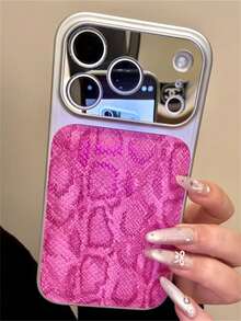 New Makeup Mirror Large Window Protective Snake Patterned PU Leather Phone Case Compatible With IPhone 17Promax 17Pro 16ProMax 15Promax 16 17 15 Pro Max Luxury Creative Solid Color Soft Artificial Leather Protect Back Shell Stylish Cover - Hot Pink - View 4