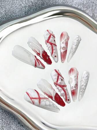 45MM Extra Långa Stilettnaglar Press-On Naglar Fransk Stil Handgjorda Med Pärldetaljer, Ombre-Effekt, Handmålade 3D-Mönster, Färgblockerande & Y2K-Designs - Heltäckande Konstgjorda DIY Glansiga Lösnaglar För Bröllop, Fester, Dejter Och Speciella Tillfällen - 10 Styck/Påse