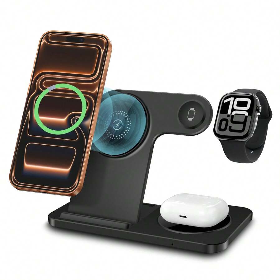 可折叠三合一无线充电座，兼容苹果磁吸充电支架，适用于 17/Air/16/15/14/13/12 系列，兼容 Ultra 11/10/9/8/7/6/5/4/SE/3/2，兼容 Pro 4/3/2 - 彩色 - 查看 1