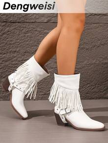 白色西部靴，饰有波西米亚流苏，搭扣带，套穿式，粗跟，方头，百搭，优雅街头风，欧美时尚女靴 - 白色 - 查看 6