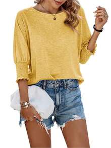 T-Shirts For Women 3/4 Sleeve Tops Solid Color Round Neck Loose Fit Shirts Blouses Tops - 黃色 - 查看 1