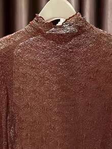 Autumn/Winter Turtleneck Long Sleeve Undershirt, Elegant Sheer Mesh Lace Overlay Top - Brown - View 4