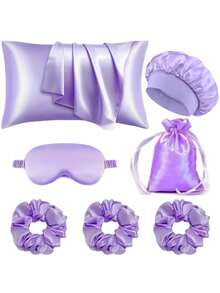 7 pièces Ensemble de sommeil pour femmes comprenant taie d'oreiller, bonnet de douche, masque pour les yeux, sac de rangement décoratif, chouchous, convient pour le sommeil nocturne - Multicolore - Voir 4