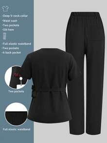 cimmuovere Top de blouse de travail à col en V et manches courtes avec deux poches pour femmes grandes tailles. Blouse de travail pour infirmière, dentiste, soins de santé, hôpital vétérinaire, laboratoire. Convient pour l'automne et le printemps. - Noir - Voir 9