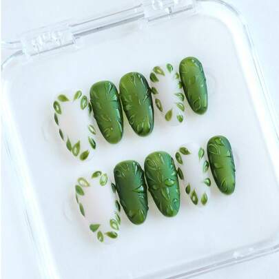 10 miếng dán móng tay hình bầu dục thủ công, họa tiết lá màu xanh mờ, miếng dán móng nghệ thuật 3D, miếng dán mắt mèo, miếng dán móng lấp lấp lánh, kiểu dáng dễ thương phù hợp cho nữ, dịp lễ, tiệc tùng, và trang phục thường ngày.