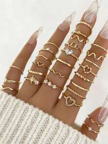 28pcs Heart Shaped, Geometric, Bohemian Style, Minimalist Rhinestone Heart Wave Rings, Geometric Combination Rings, Suitable For Girls Daily Wear, Dates, Parties - Gold - View 1