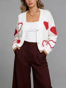 Womens Heart Cardigan Sweaters Valentines Oversized Winter Button Up Cute Knit Sweater - White - View 3
