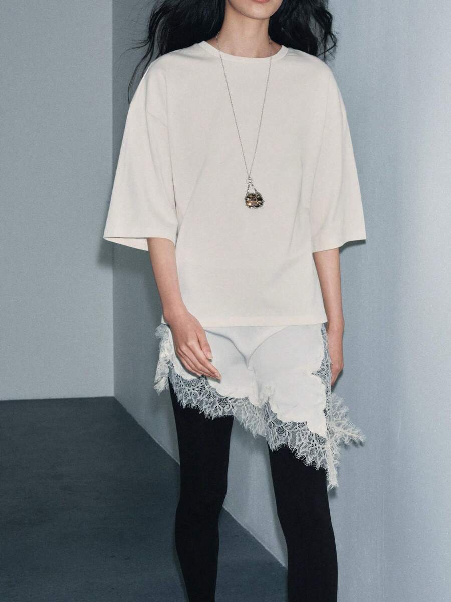 Women's Irregular Lace Hem Sweatshirt Pullover Style Long Sleeved Midi Dress Batwing Sleeve Loose Chunky Knit Sweatshirt Autumn Casual Fashion Sweater Top - 白色 - 查看 1
