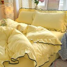 黑色荷叶边公主风柔软舒适床上用品套装（1个被套+2个枕套），适用于卧室、客房，是馈赠佳品。 - 黃色 - 查看 5