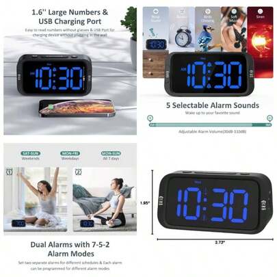- Reloj despertador digital dual para recmara, fcil de instalar, 0 - atenuador, cargador, 5 sonidos de volumen ajustable, modo de da laboral/fin de semana, repeticin, 12/24 horas,