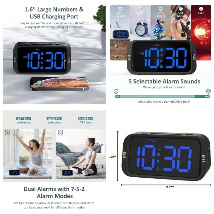 - Reloj despertador digital dual para recmara, fcil de instalar, 0 - atenuador, cargador, 5 sonidos de volumen ajustable, modo de da laboral/fin de semana, repeticin, 12/24 horas, - Led negro - azul - Ver 1