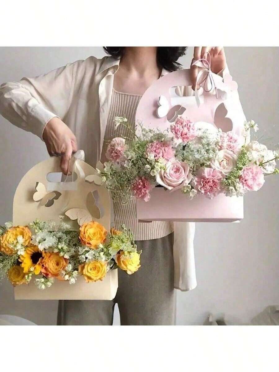 1/3/5个装 母亲节、情人节、婚礼、教师节 手持花盒、纸质蝴蝶结盒、插花袋、鲜花礼盒、教师节礼物 - 彩色 - 查看 1