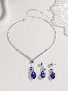3pcs/Set Exquisite Women's Jewelry Set, Featuring Elegant Teardrop Pendant, Luxurious Design, And Sparkling Diamonds, Overall In Blue Tone. The Set Includes A Heart-Shaped Necklace, Perfect For Parties, Celebrations, Daily Wear, And As A Thoughtful Gift. - Blue - View 3