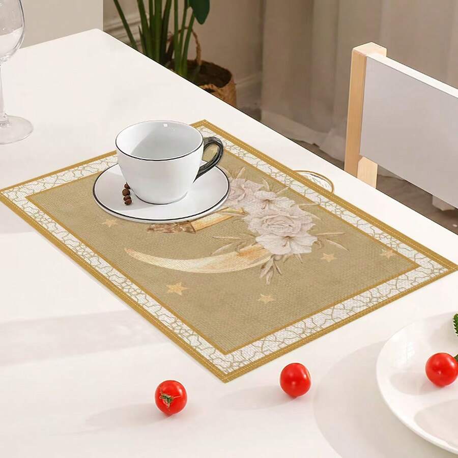 长方形亚麻餐垫，印有月亮和油灯图案，营造用餐氛围，隔热保温，西式餐垫 - 彩色 - 查看 1