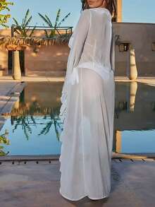 女士优雅纯色沙滩罩衫，性感长袖蕾丝边沙滩比基尼罩衫，飘逸荷叶边下摆度假风 - 白色 - 查看 8