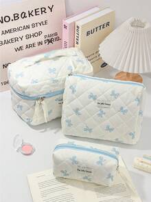 1pc Blue Bow Knot Large Capacity Handheld Makeup Bag, Minimalist Style Multi-Functional Cosmetic Bag, Travel Makeup Organizer, Women's Clutch Bag, Zipper Aesthetic Travel Toiletry Bag, Pen Case, Makeup Tool Storage Bag, Women's Gift, Travel Essential - Baby Blue - View 14