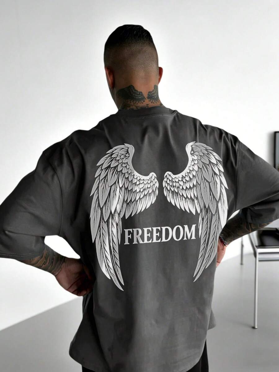 男士休闲百搭简约翅膀印花短袖T恤 - 深灰色 - 查看 1