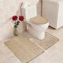 1/3pcs Minimalist Style Beige Carpet, Bathroom Decorative Toilet Mat Set, Soft Bathroom Rug Carpet Including Bath Mat, U-Shaped Mat, Toilet Lid Cover, Machine Washable, Suitable For Bathroom Shower Area, Vanity Area, Multi-Purpose Rug, Durable For All Seasons, Great Gift Idea For Holidays, Autumn Decor - Beige - View 7