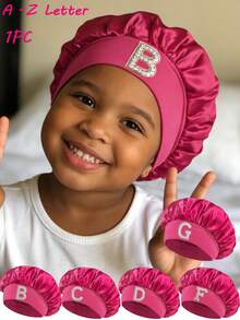 1顶幼儿/儿童26字母光滑缎面睡帽，时尚舒适，透气防滑，日常护发帽 - 玫紅色 - 查看 1