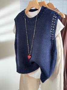 Wixra 休闲无袖上衣，镂空圆领，甜美设计，百搭背心，居家及日常穿着皆宜，春夏款 - 藏蓝色 - 查看 5