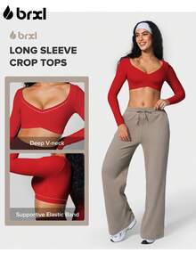 BRXL Long Sleeve Crop Tops For Women Built In Bra Padded Yoga Shirts Deep V Neck Buttery Soft Slim Fit Workout Pilates Gym - 紅色 - 查看 4