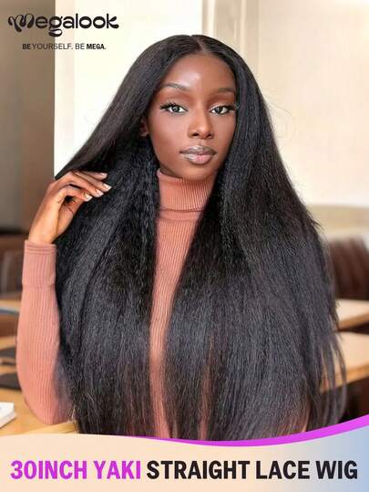 MEGALOOK 30英寸Yaki直发100%真人发4x4蕾丝透明闭合假发，自然黑，150%密度，8英寸波波头假发，30英寸长假发 - 自然逼真，适合日常佩戴，办公室、僵尸新娘、万圣节派对、Y2K风格、叛逆度假、户外角色扮演、校园、学校假期、圣诞节派对、婚礼、节日等场合，适合女性佩戴。