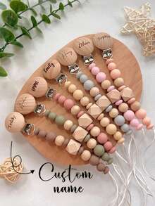 1pc Personalized Pacifier Clip, Customizable Baby Pacifier Clip, DIY Custom Name, Pacifier Chain - Friend Gift/Comfort Gift/Wood Chain Gift/Holiday Gift/Birthday Gift/New Year Gift/1st Birthday Gift, Super Cute, Sequin Colorful, Adorable, Kawaii Customized, Personalized, Unique, Custom, Ideal Gift For Him - Multicolor - View 1