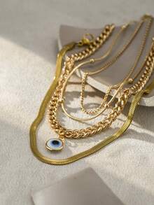 Nooxian 4pcs/Set Multi-Layer Gold-Tone Chain With Evil Eye Pendant Anklet, Unique Original Women Foot Jewelry Gift (Bead Quantity Random) - Yellow Gold - View 7