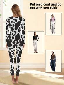 Cow Pattern Women's Warm Underwear Set - Round Neck Top+Pants, Winter And Autumn Slimming Bottom - Multicolor - View 2