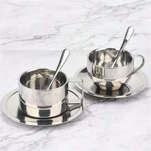 3pcs Stainless Steel Double Wall Coffee Cup, Milan Cup, Outdoor Insulated Water Mug, Milk Cup Gift Set (With Coaster, Spoon, Cup) - Multicolor - View 1