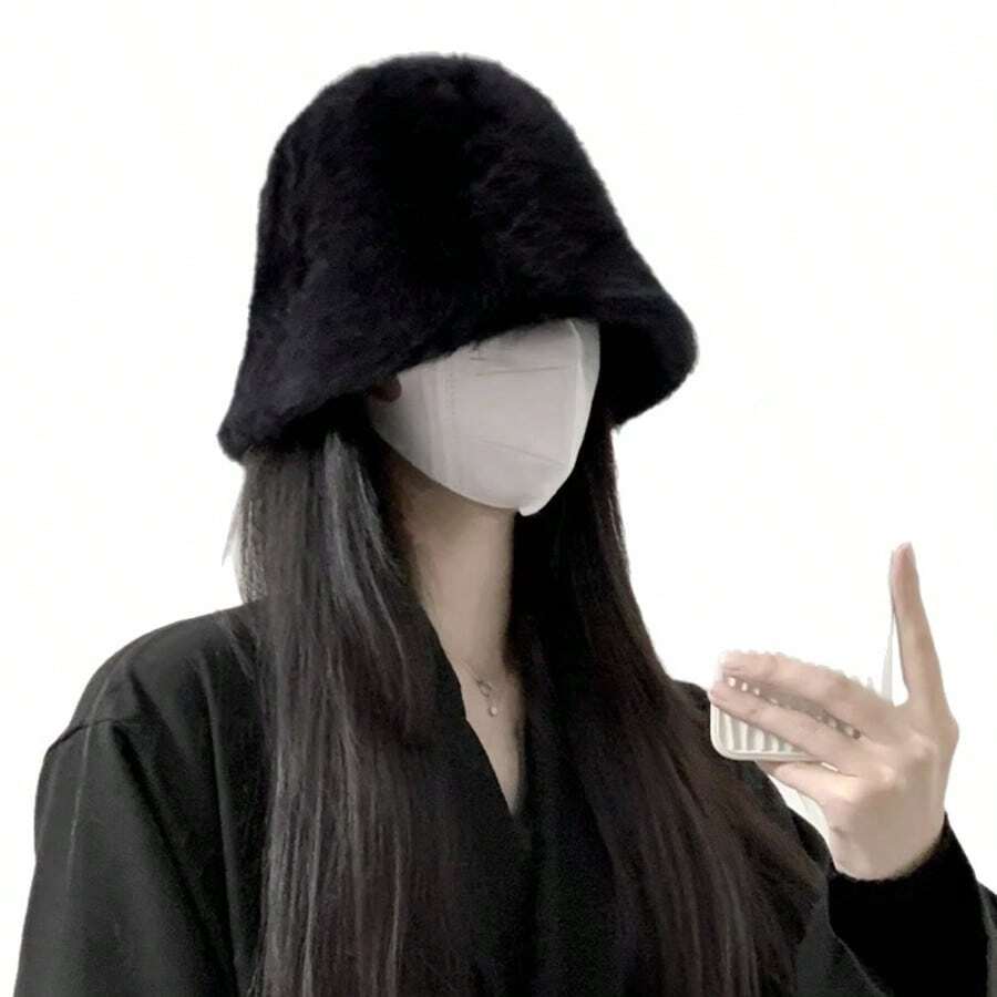 1顶女士保暖渔夫帽，大号头围，毛绒材质，适合秋冬季佩戴 - 黑色(A) - 查看 1
