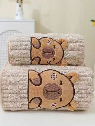 2pcs/Set Baby Soft Absorbent Coral Fleece Towel + Bath Towel Set, Embroidered, Family Pack