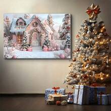 1pc 2D Flat Cheap Wooden Framed Canvas Painting, Pink Christmas Cabin Background Cloth, Cozy Christmas Cabin, Winter Tree And Gift Box Design Photography, Suitable For Party Decoration, Birthday Celebration, Wall Decoration Art Crafts, Room Decoration Aesthetics, Perfect For Room Decor Ready To Hang - 白色 - 查看 4