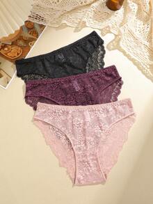 FINETOO 3件套女士精致蕾丝图案蝴蝶镂空丁字裤，浪漫优雅女士内衣 - 彩色 - 查看 6