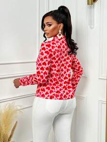 Women's Spring Summer Romantic Elegant Peach Heart Print V-Neck Streamer Detail Long-Sleeved Shirt Suitable For Dating, Office Wear (Random Printing) - Baby Pink - View 2