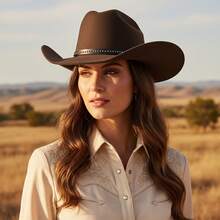 Felt Cowgirl Hat Stylish Decorative Belt Western Hat Wide Brim Jazz Cap For Daily Life And Party - màu nâu sô cô la - Xem 1
