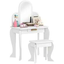 HOMCOM Kids Dressing Table And Stool Kids Vanity Set Makeup Desk W/ Mirror, Drawer, For Ages 3-6 Years, White - White - View 2