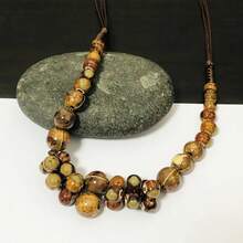 Handwoven Bohemian Style Women's Necklace - Earth Tone Brown/Green/Blue/Gold/Black Marble Ceramic Beads, Rough And Colorful Large Particle Statement Jewelry, All-Season Bohemian Fashion Accessory, Suitable For Daily Wear And Special Occasions (Great Gift), Women's Necklace, Women's Long Necklace, Jewelry, Women's Layered Necklace, Personalized Necklace 3EJX - 咖啡色 - 查看 2