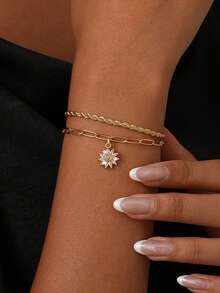 Nooxian 2pcs/Set Women Bracelets Set, Bohemian Summer Beach Style, Includes Golden Electroplated Multi-Layer Basic Chain, Braided Chain, Paper Clip Chain, Copper Inlaid Zirconia Sunflower Stackable Bracelets, Jewelry Gift - Yellow Gold - View 2